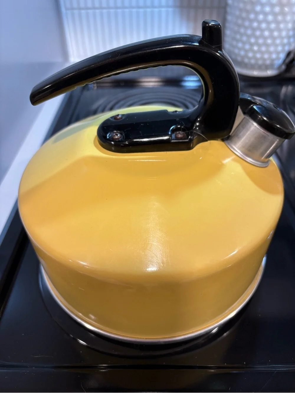 Vintage /Retro Mustard Color Whistling Tea Kettle with Black Handle